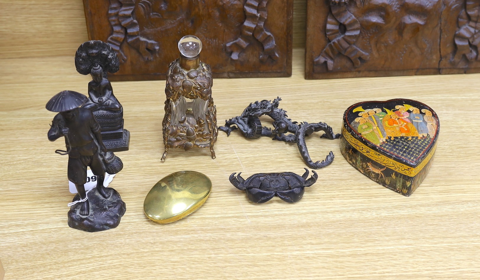 A Japanese bronze of a crab another of a dragon, a deity, figure scent bottle and two boxes, dragon 16 cms wide